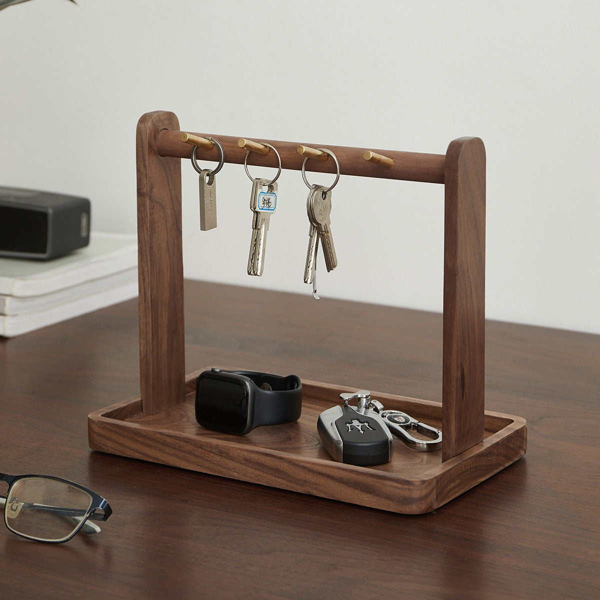 Key Station Solid Walnut Key Holder Stand with Tray