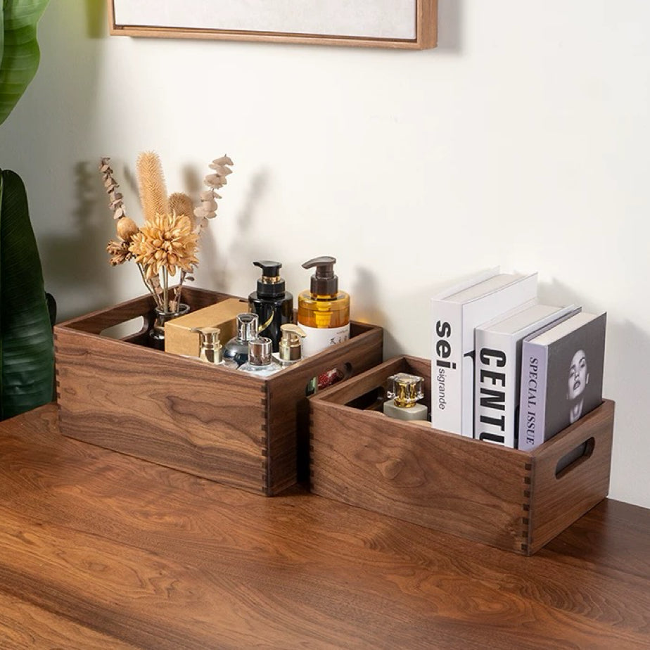 Minimalist walnut catchall tray for office and home use