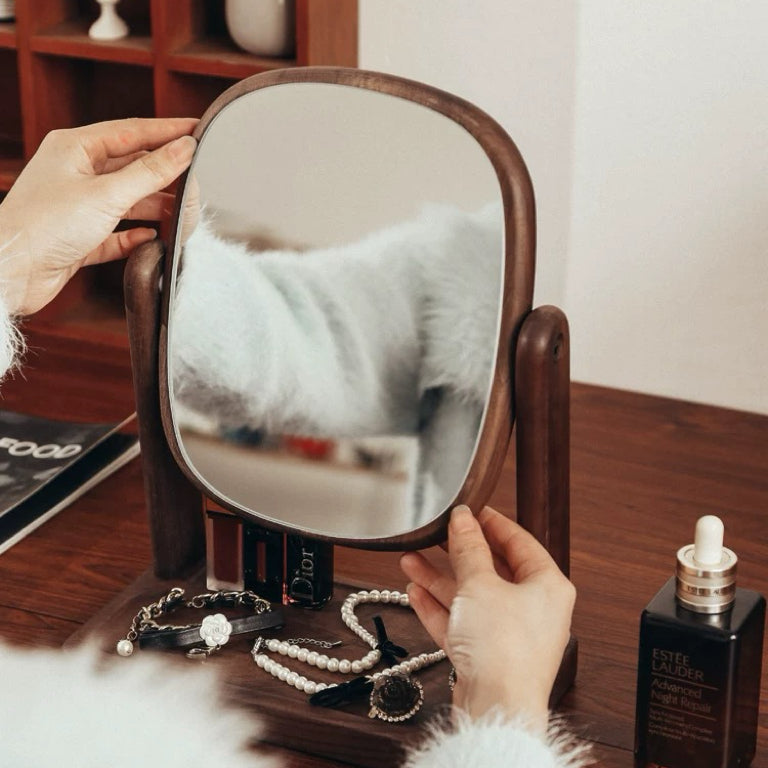 Solid walnut tabletop mirror with minimalist design