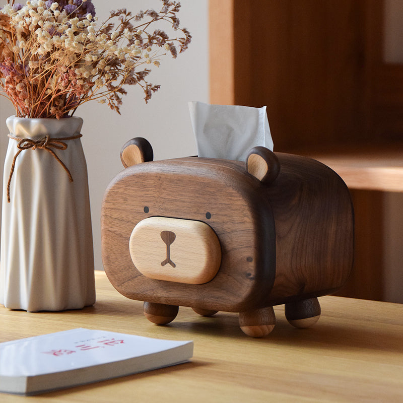 Solid walnut tissue box with bear design