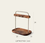 A wooden and metal hanging organizer tray with a rectangular wood base, four small hanging hooks on a horizontal wood bar, and a top handle, shown with dimension labels 20, 15, and 24 on a light beige background.
