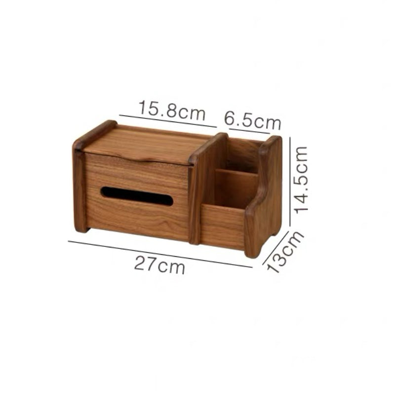 A wooden desk organizer with a drawer and open compartments, shown with overlaid dimension labels and measurement lines on a white background.