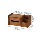 A wooden desk organizer with a drawer and open compartments, shown with overlaid dimension labels and measurement lines on a white background.
