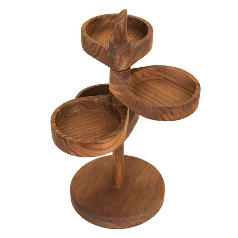 A three-tier wooden rotating shelf stand with a natural medium-brown wood grain finish, shown on a solid white background.