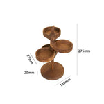 A three-tier wooden display stand with dimension labels showing 275mm height, 130mm base diameter, 77mm middle tier diameter, and 20mm stem thickness on a white background.