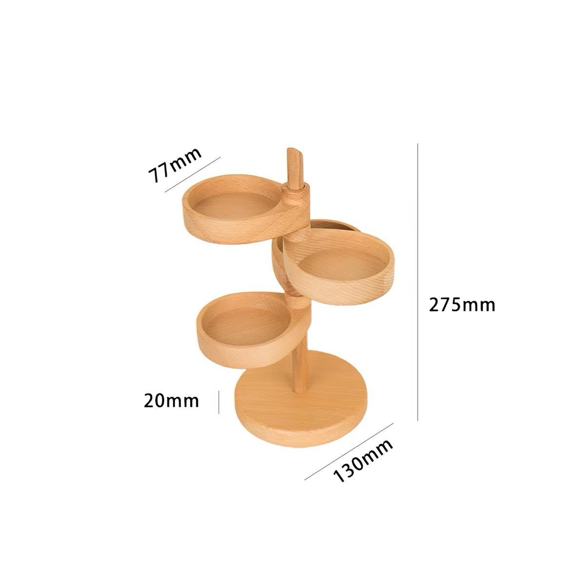 A light natural wood three-tiered display stand with dimension annotations showing 275mm height, 130mm base diameter, 77mm tray diameter, and 20mm tray depth on a white background.