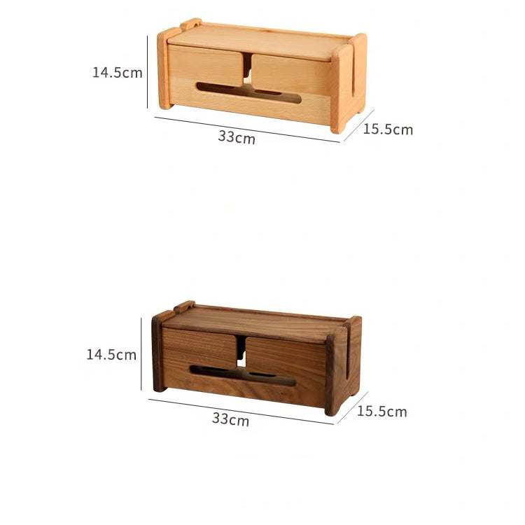 Two wooden desk organizers shown on a white background, each with dimension labels: 33 x 15.5 x 1.5cm