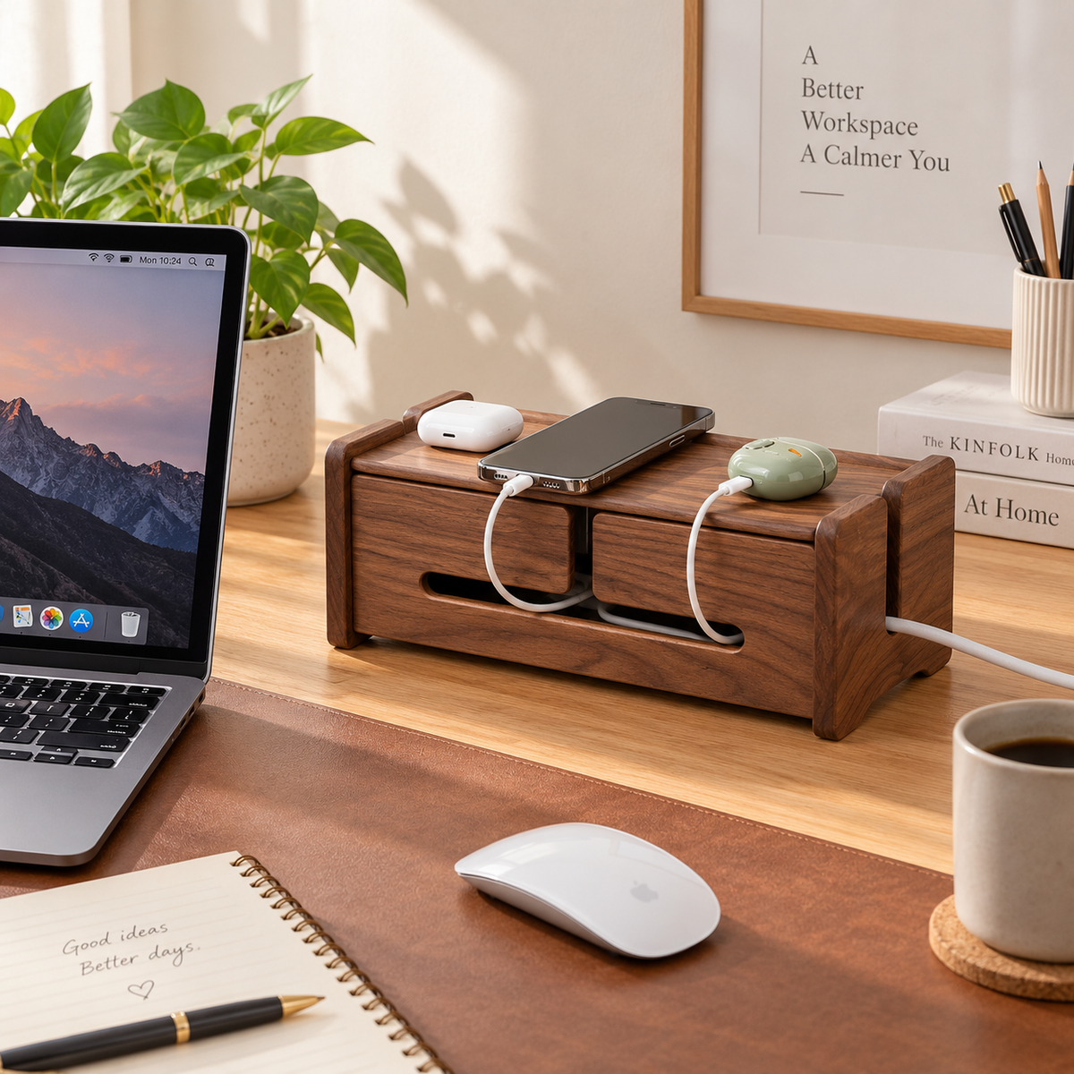 A wooden desktop organizer with two drawers and cable channels sits on a desk, charging a smartphone, white earbuds case, and small green item. The organizer is styled in a home office setting with a laptop, plant, mug, and framed wall art.