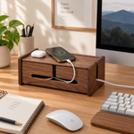 A dark wood desktop organizer with two drawers sits on a desk, holding a smartphone, a white earbud case, and cables. The organizer is shown in a styled home office environment with a keyboard, mouse, notebook, plant, and computer monitor.
