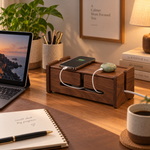 A dark brown wooden desk organizer with multiple slots and ports, shown on a wooden desk in a cozy home office setting. A smartphone and a small green jade bracelet are plugged into the USB-C port on the front, with white charging cables visible.