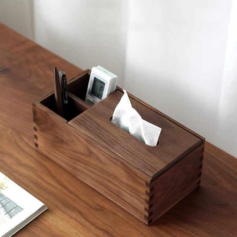 Back Pocket Solid Walnut Tissue Box & Remote Control Organizer