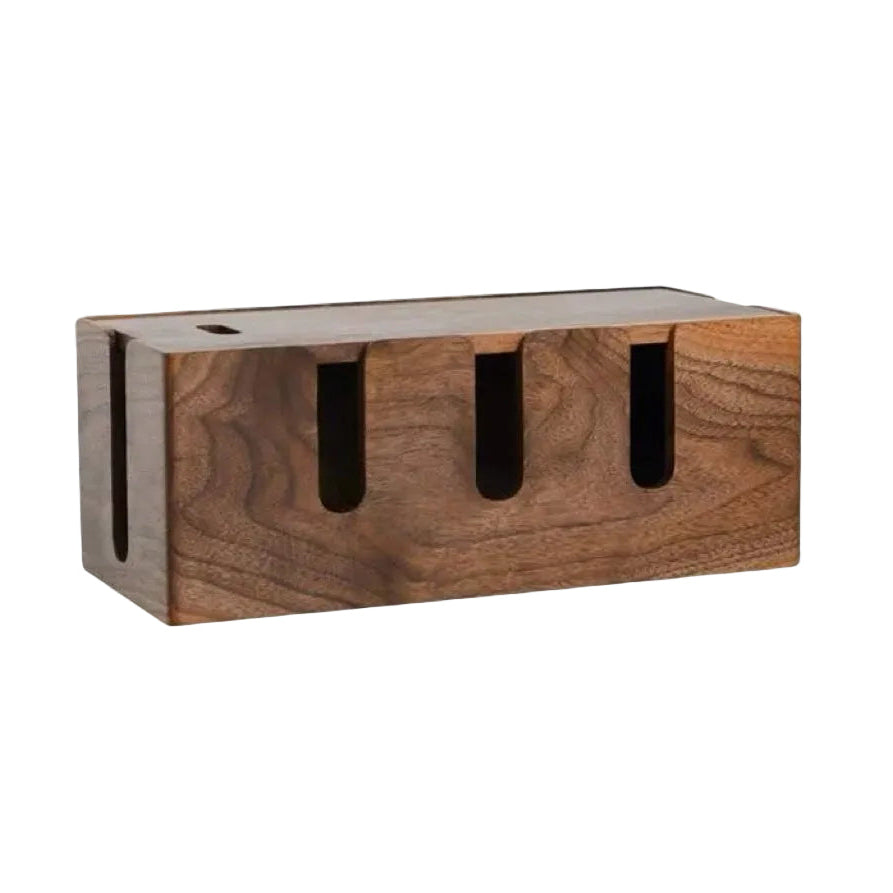 Solid wood power strip organizer box with three top cable pass-through slots