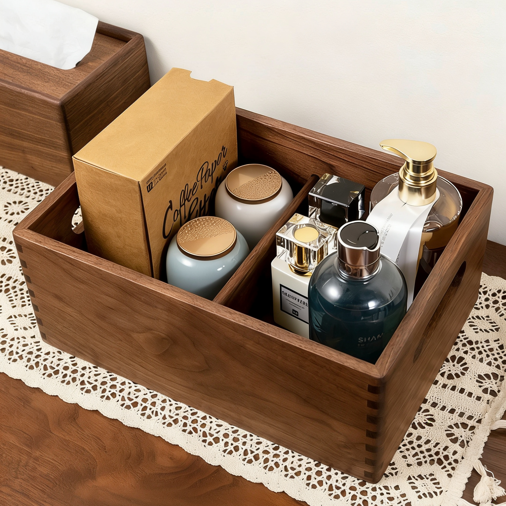Catchall wooden organizer box made from natural walnut wood