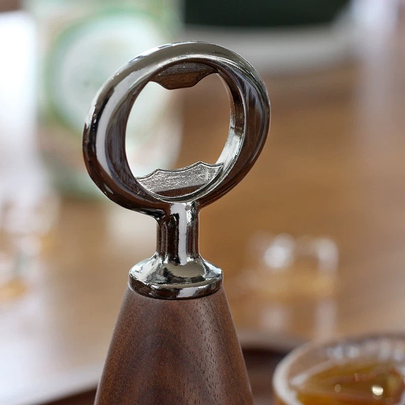 Chunky wooden bottle opener made from natural walnut wood