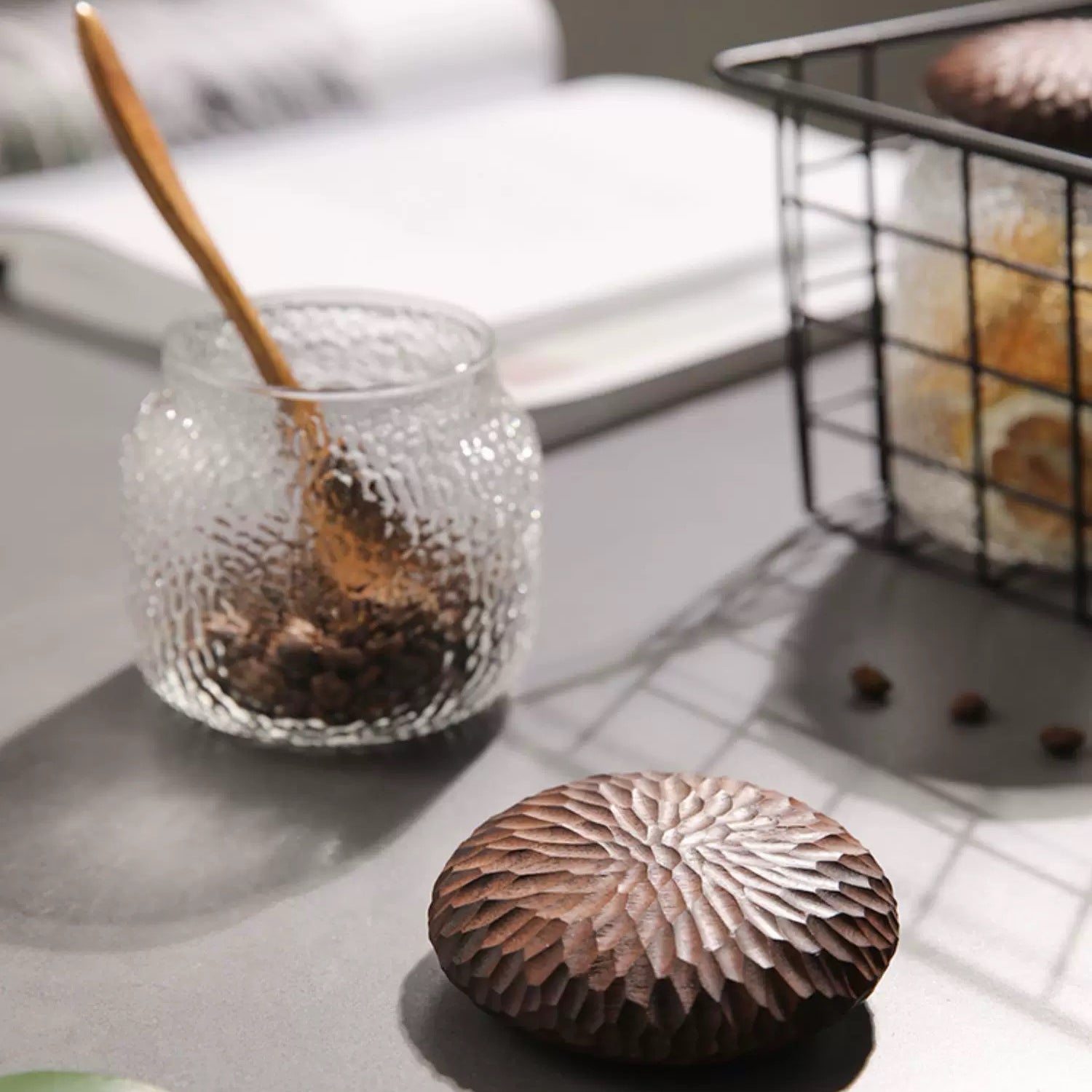 Textured glass coffee canister set with solid walnut lids