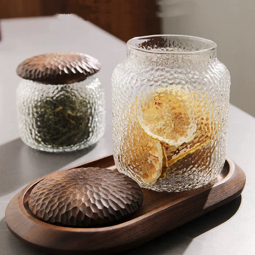 Coffee storage containers with walnut lids and clear glass body