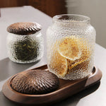 Coffee storage containers with walnut lids and clear glass body