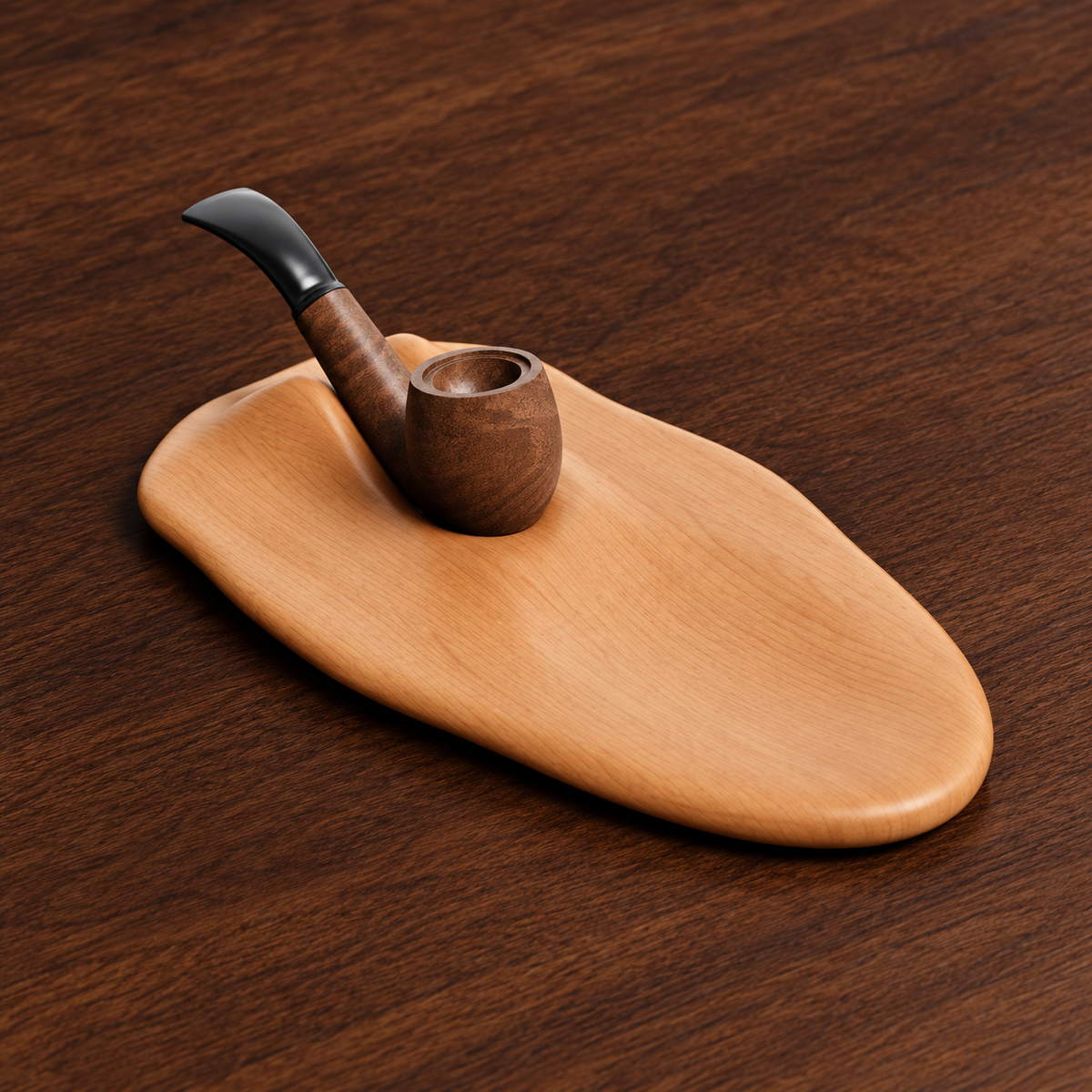 A small wooden smoking pipe with a dark curved stem rests on an irregularly shaped light wood holder, set on a dark brown wood-grain surface.
