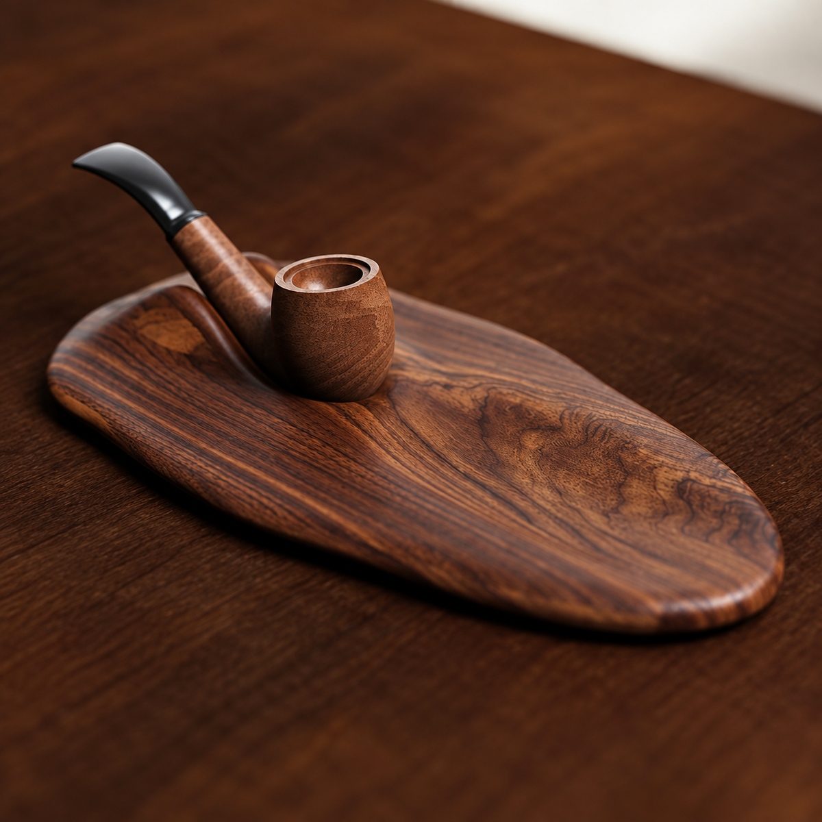 A wooden smoking pipe with a curved black mouthpiece rests on an irregularly shaped carved wooden tray, both shown on a dark wood tabletop.