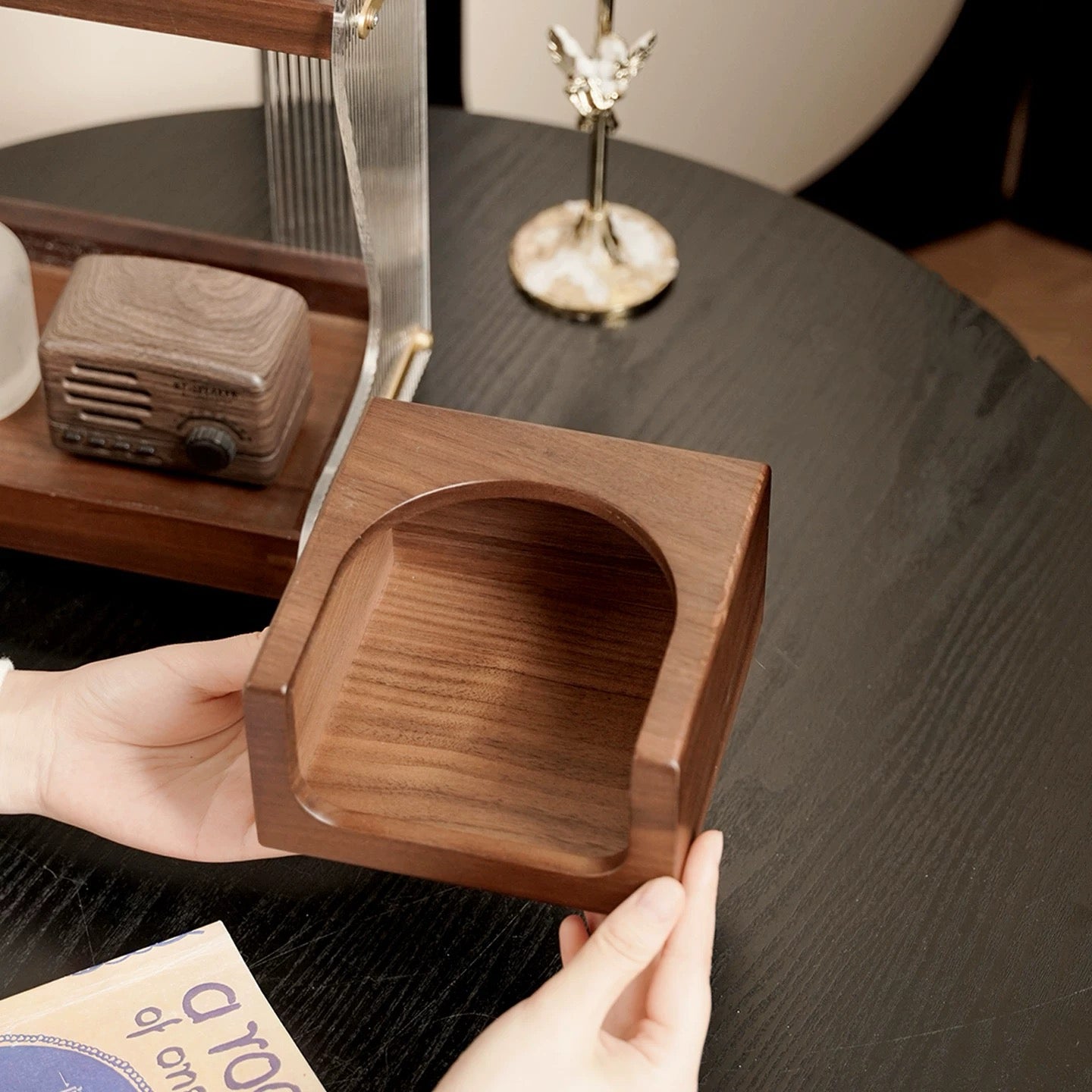 Elegant walnut tissue organizer with natural texture