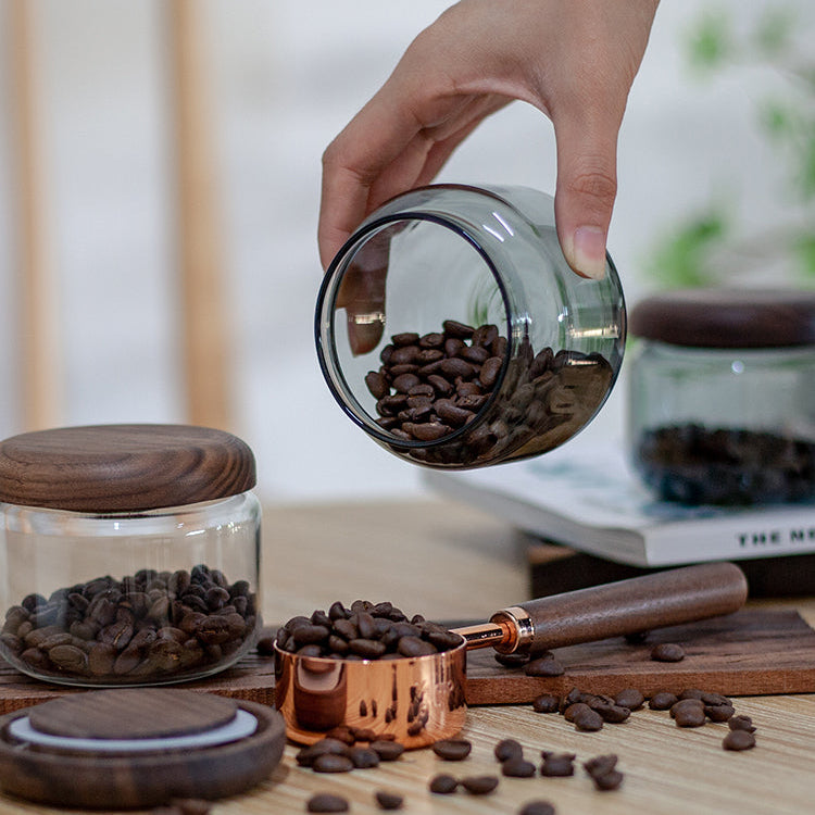 Fresh Beans Glass Coffee Canister with Solid Walnut Lid
