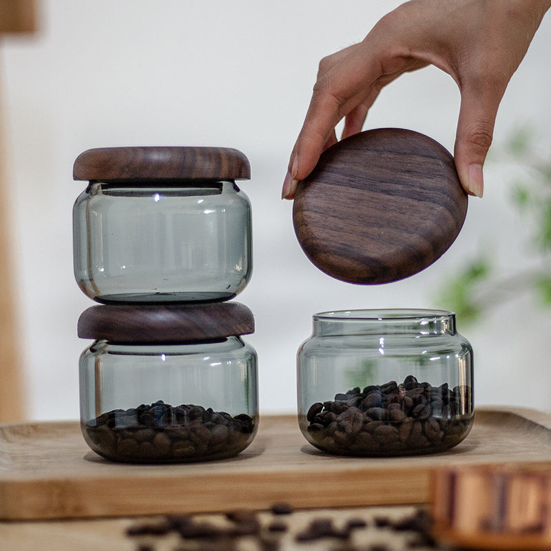 Fresh beans coffee container with natural walnut wood lid