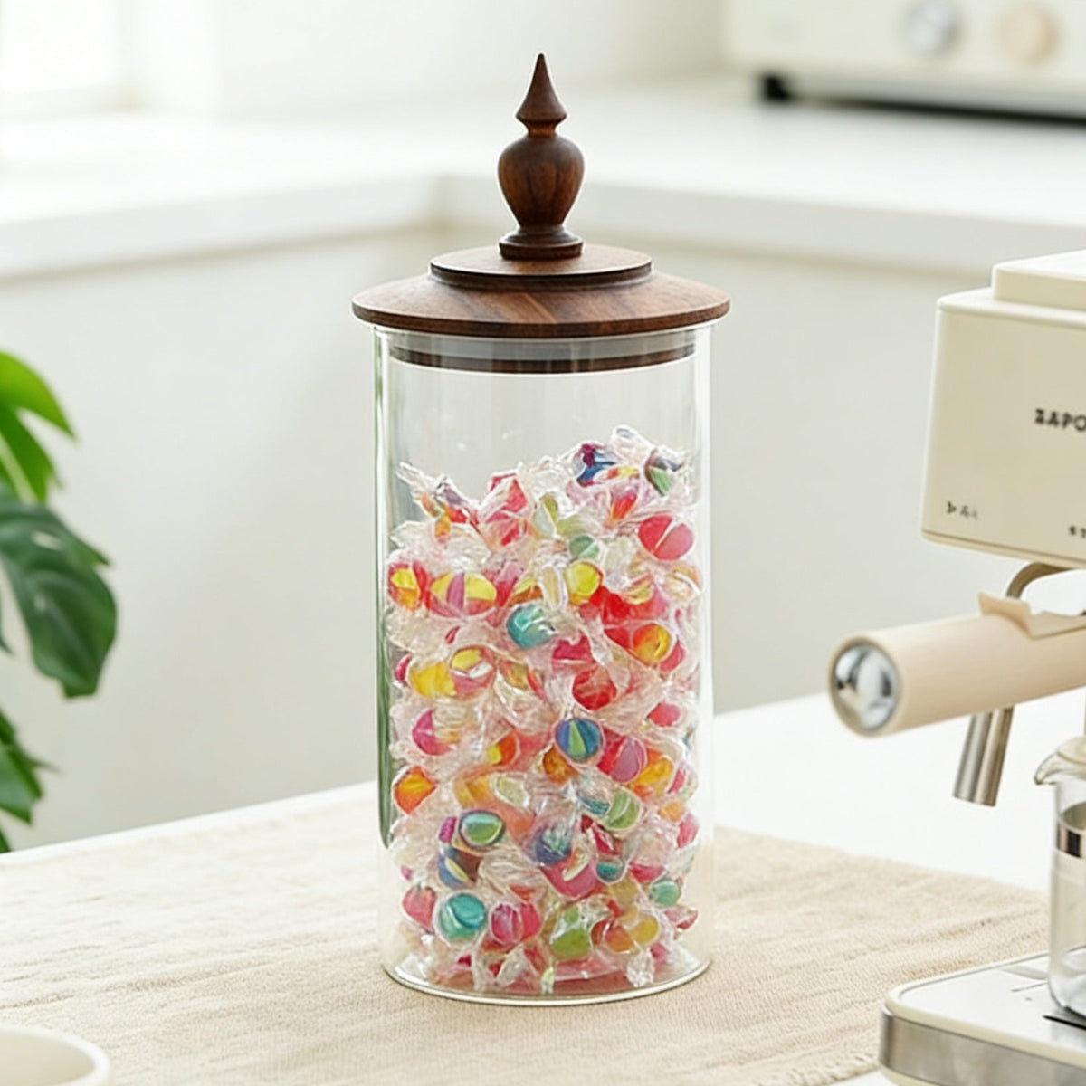 Glass canister with solid walnut lid and elegant design