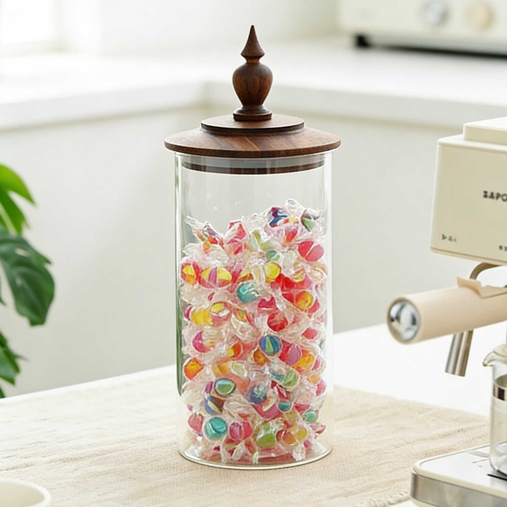 Glass canister with solid walnut lid and elegant design