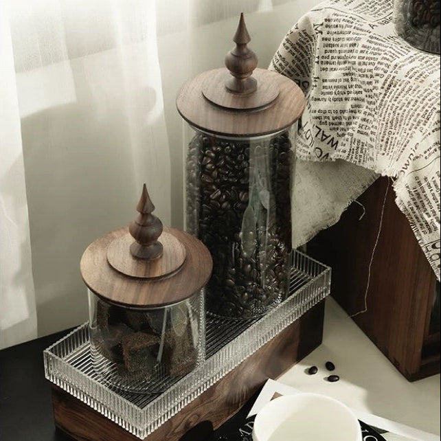 Glass canister with walnut cover for kitchen organization