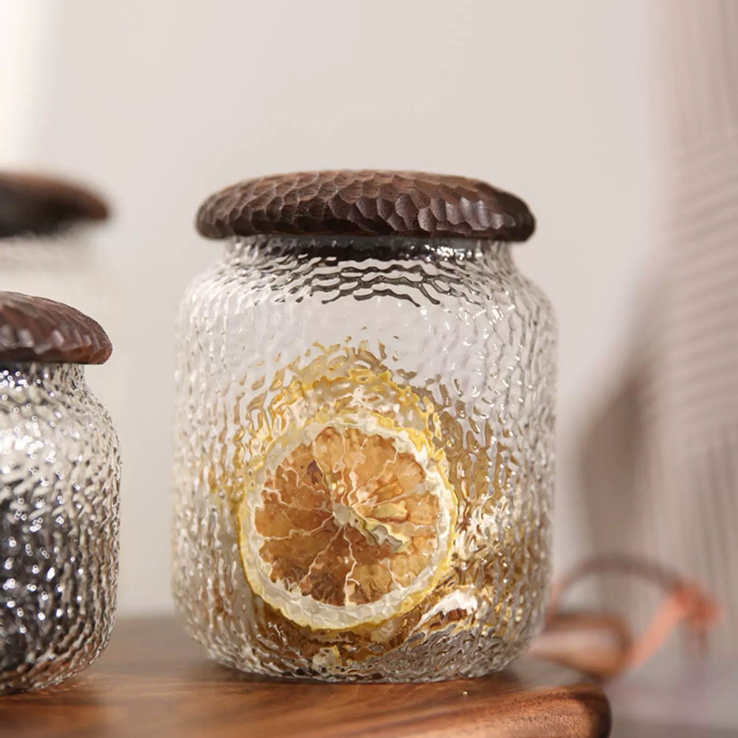 Glass coffee canisters with natural texture for stylish kitchens