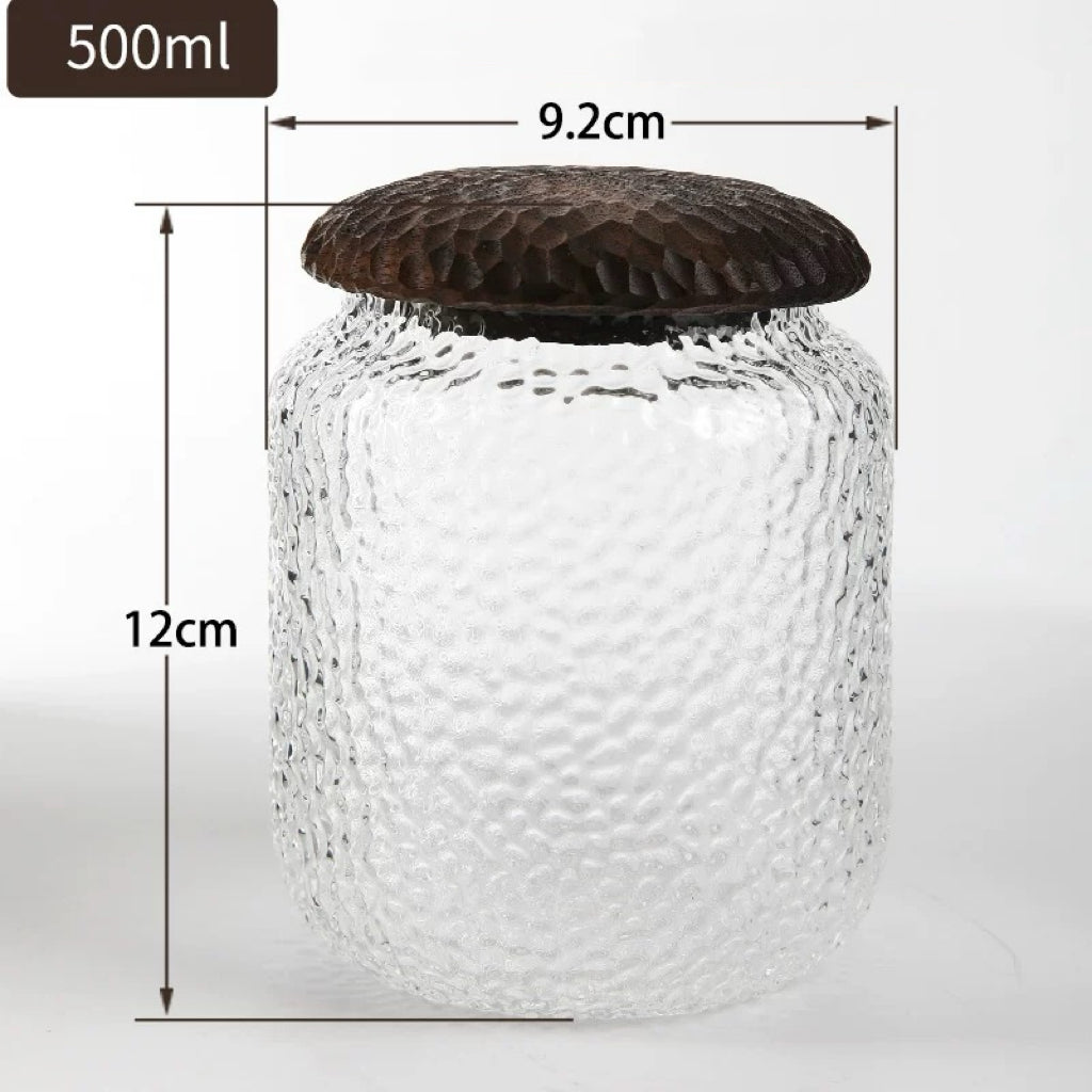Glass coffee storage canisters with solid walnut covers