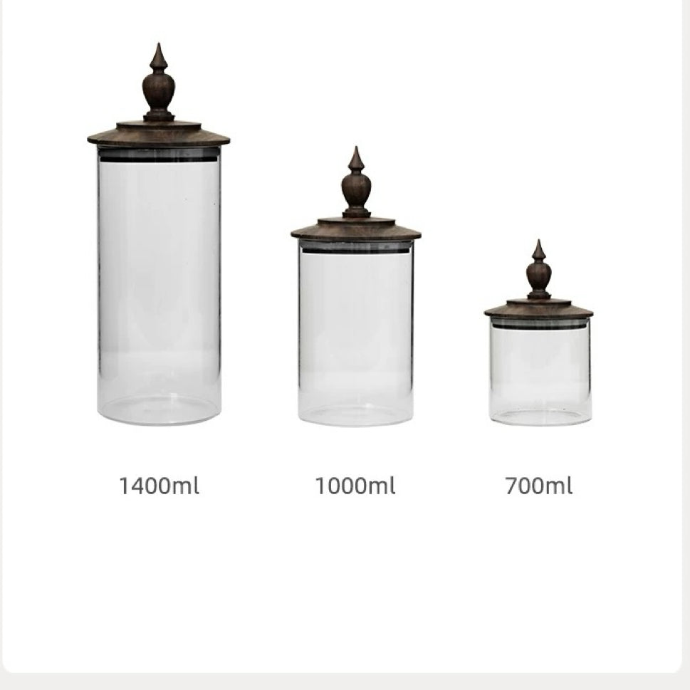 Glass container with walnut lid for kitchen countertop storage