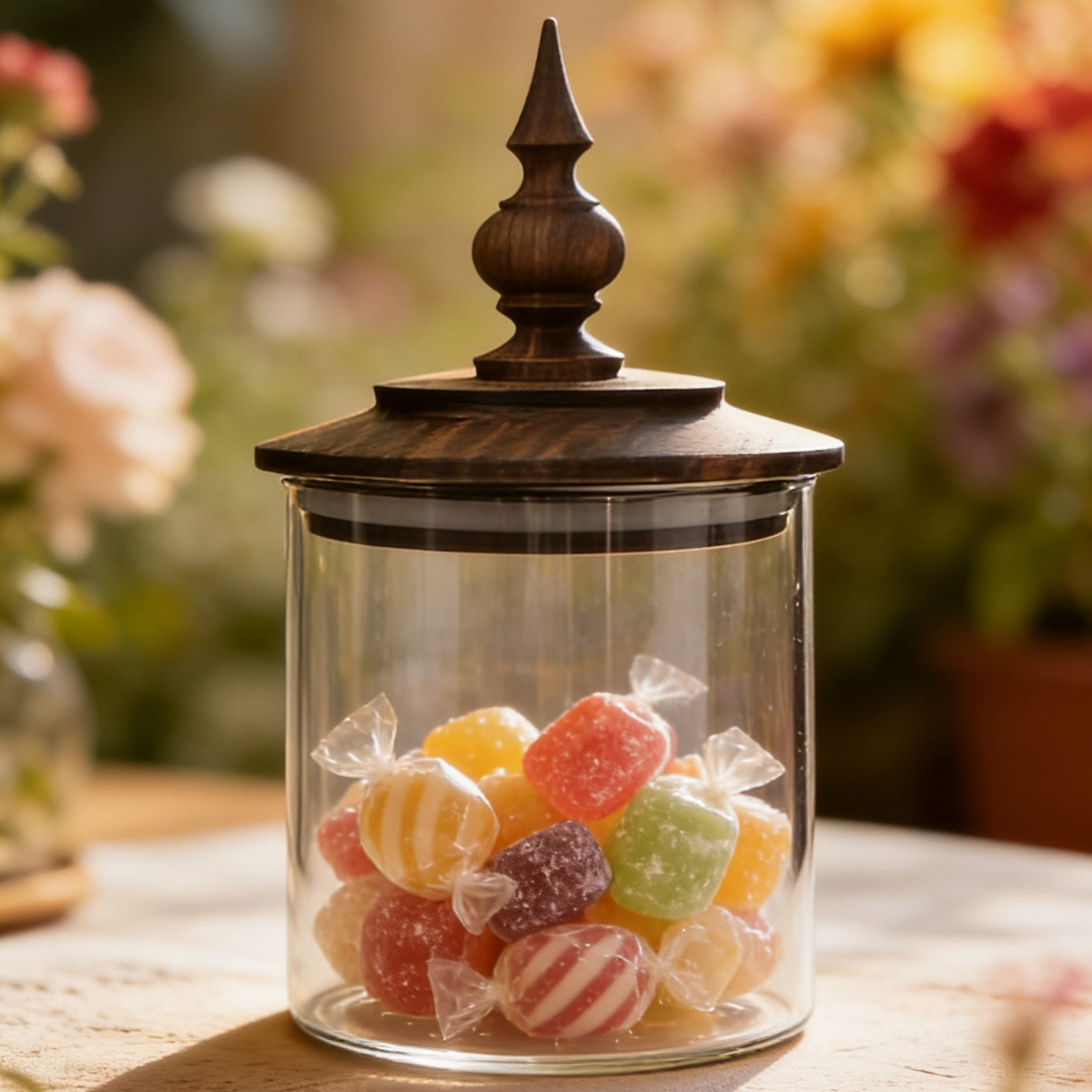 Glass container with wooden lid for home storage and decor
