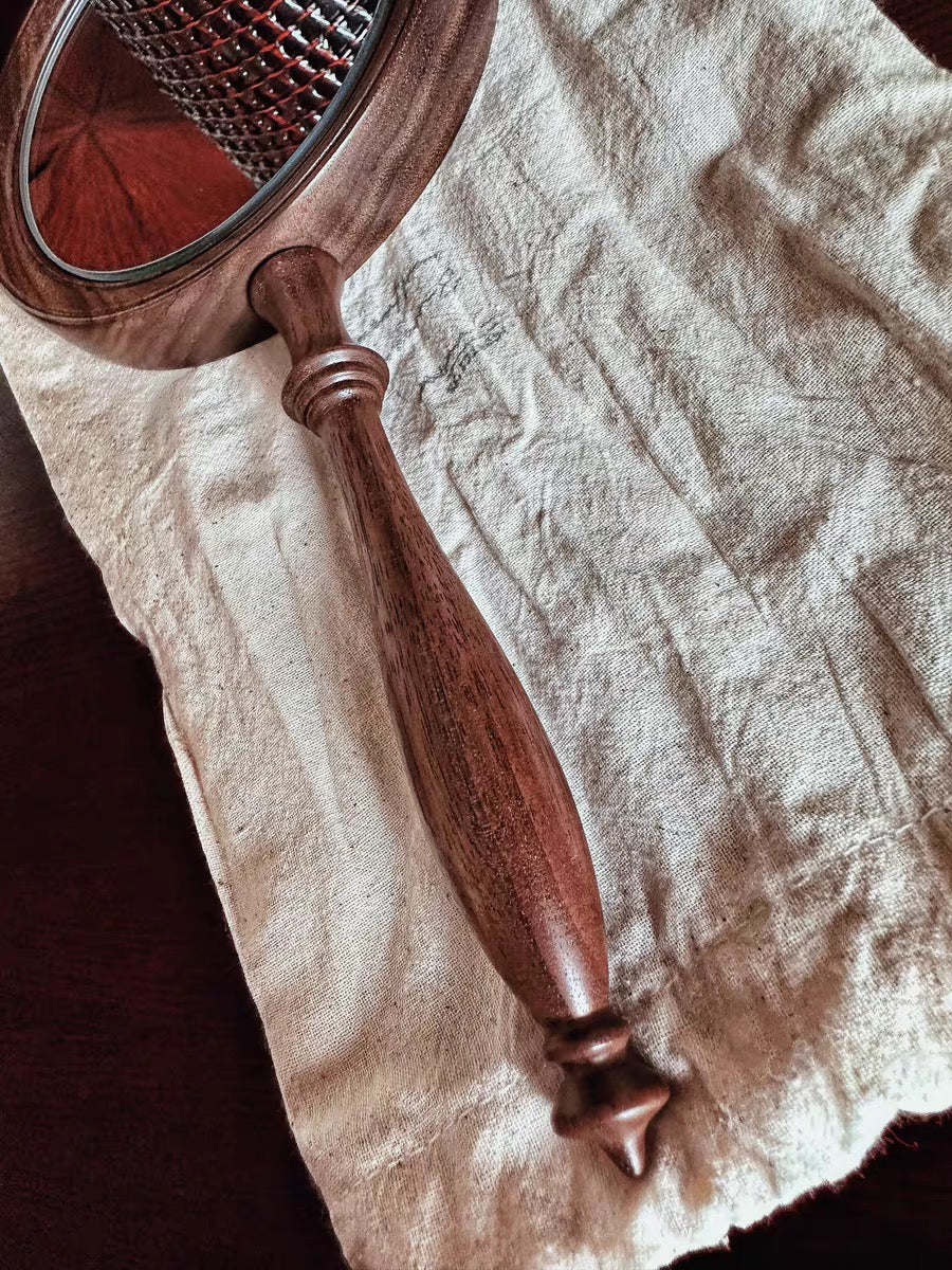 Glowing retro wooden mirror made from natural walnut wood