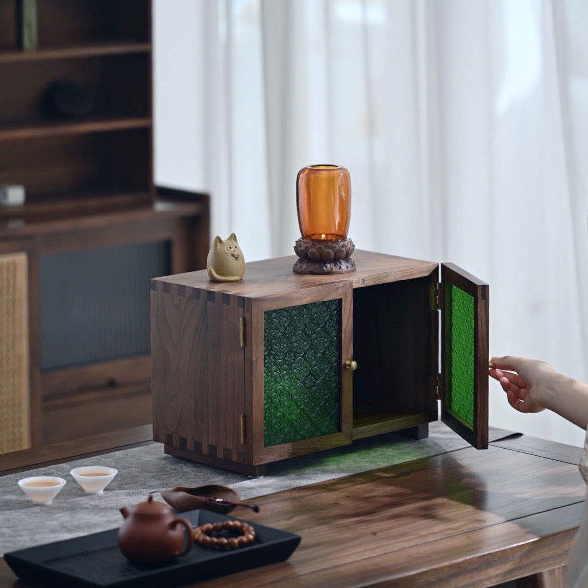 Green Glow Solid Walnut Storage Cabinet with Textured Glass Doors