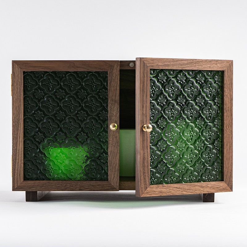 Green glow wooden cabinet made from natural walnut wood