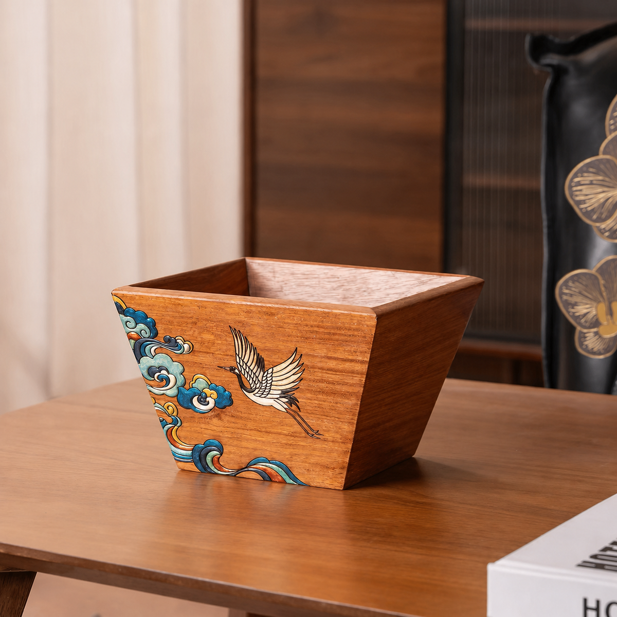 Hand-painted solid rosewood storage basket with artistic design