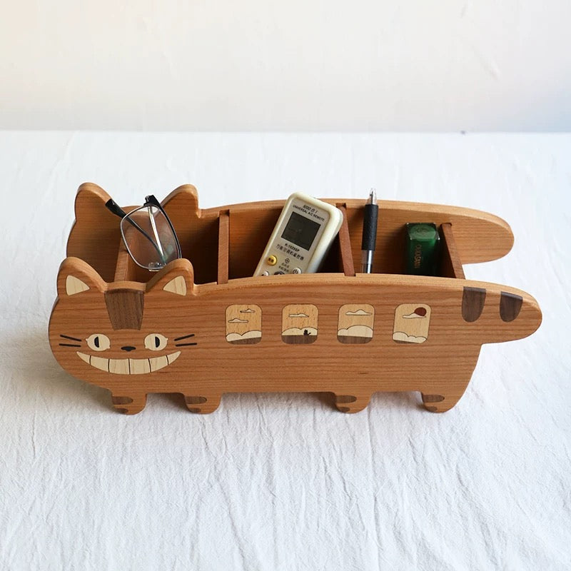 Kitty Wagon Solid Cherry Wood Desktop Organizer Box