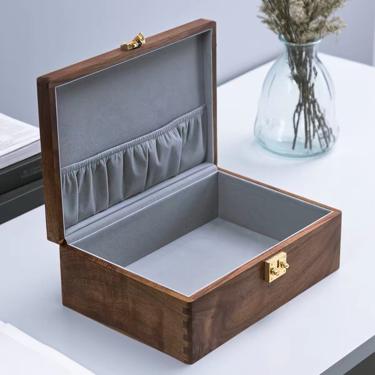 Lined Solid Walnut Storage Box with Lid