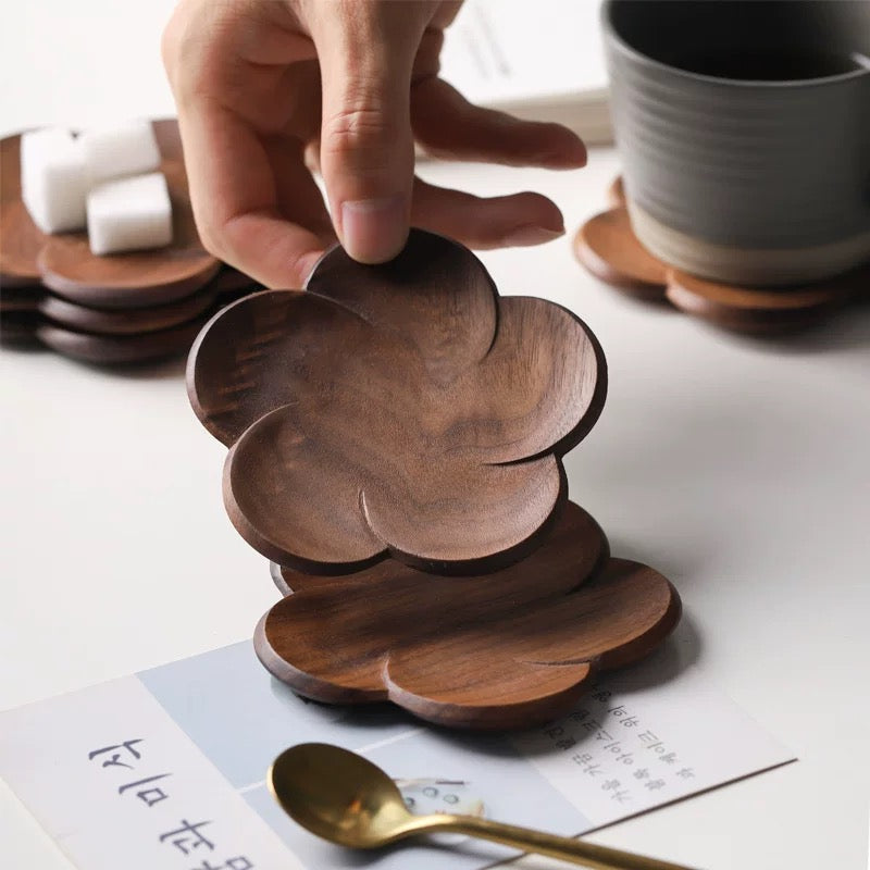 Little Flower Solid Walnut Coaster Set (Set of 4)