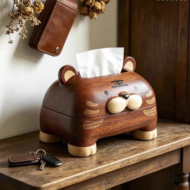 Little tiger wooden tissue box made from natural solid wood