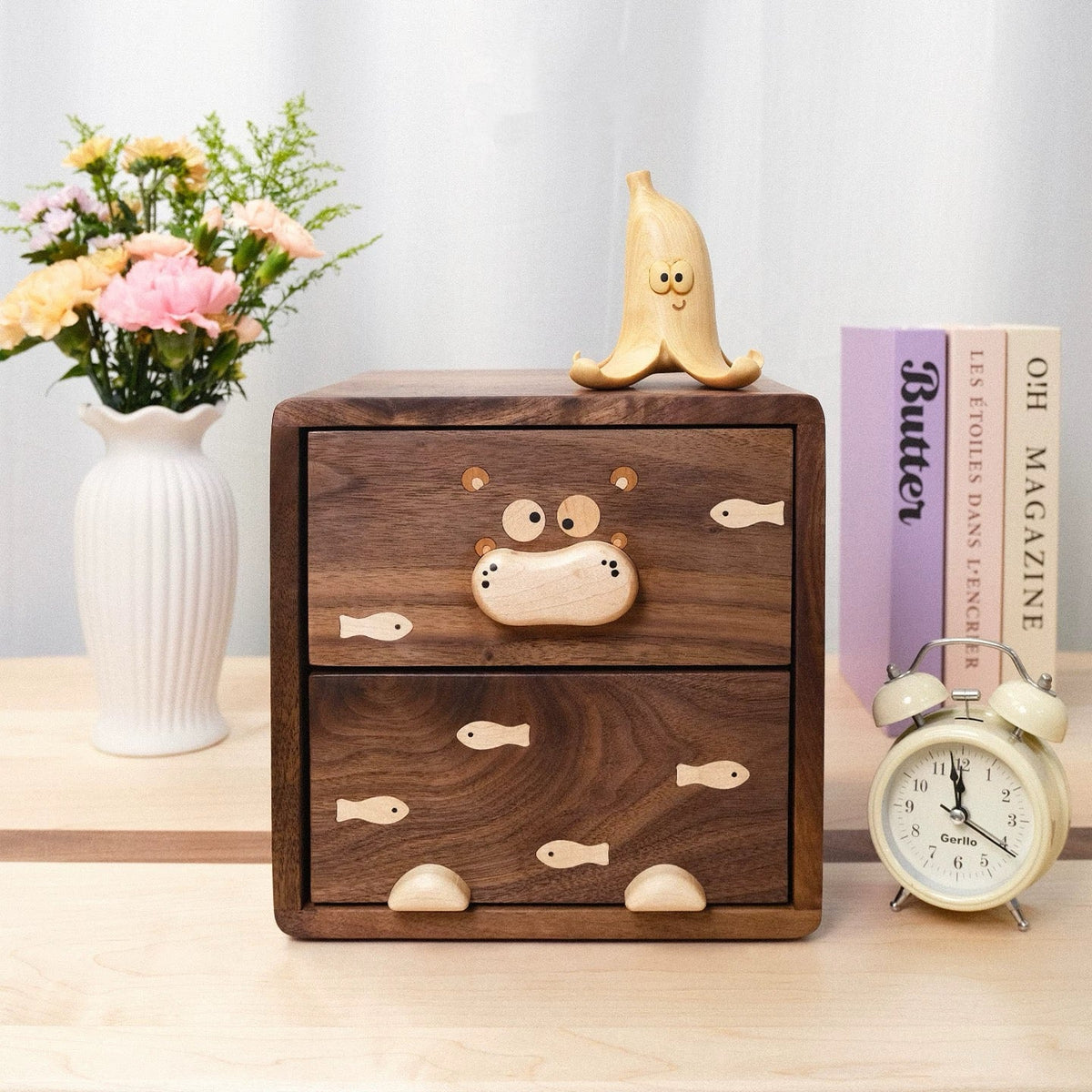 Minimalist desktop monitor stand with storage drawers