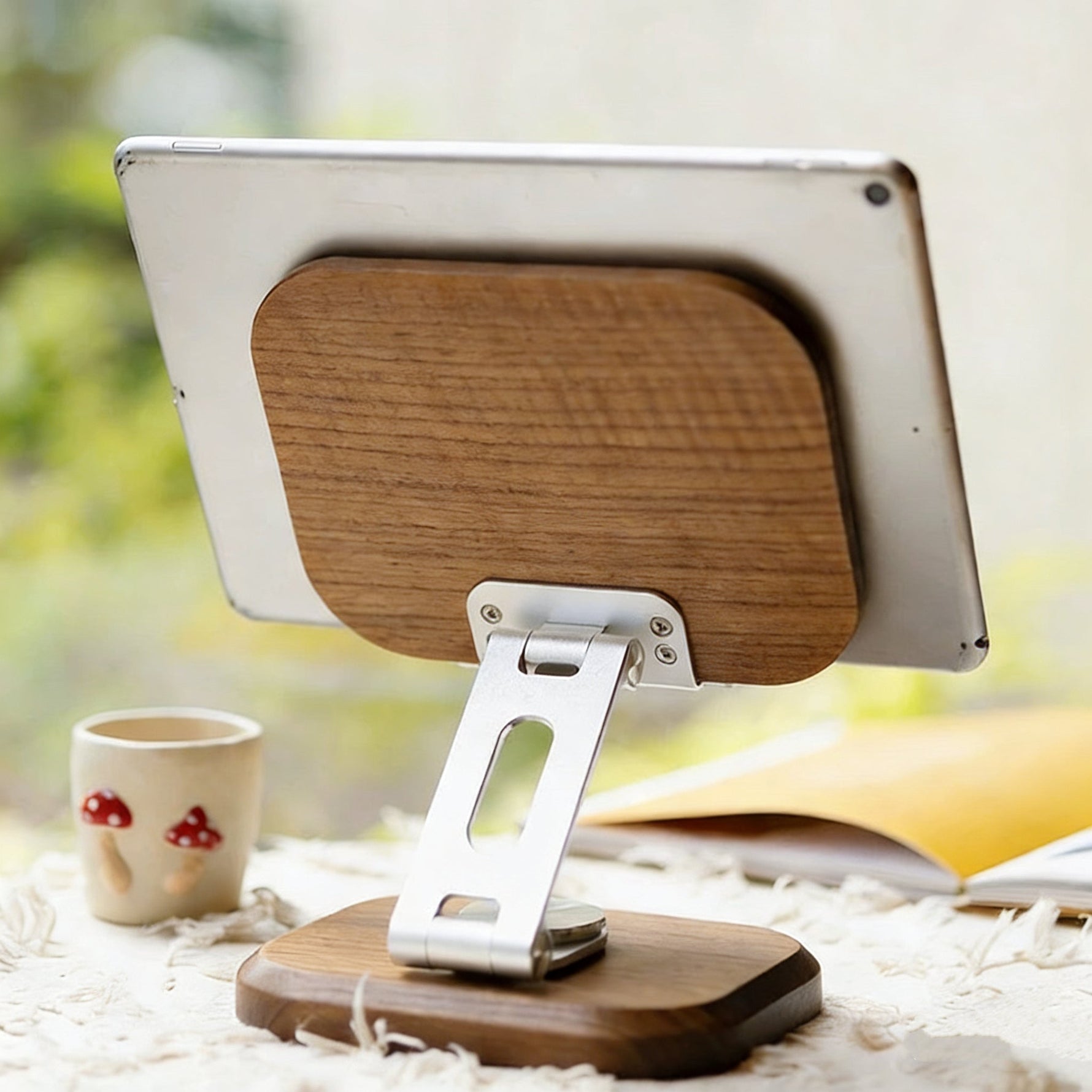 Minimalist solid walnut stand for mobile devices