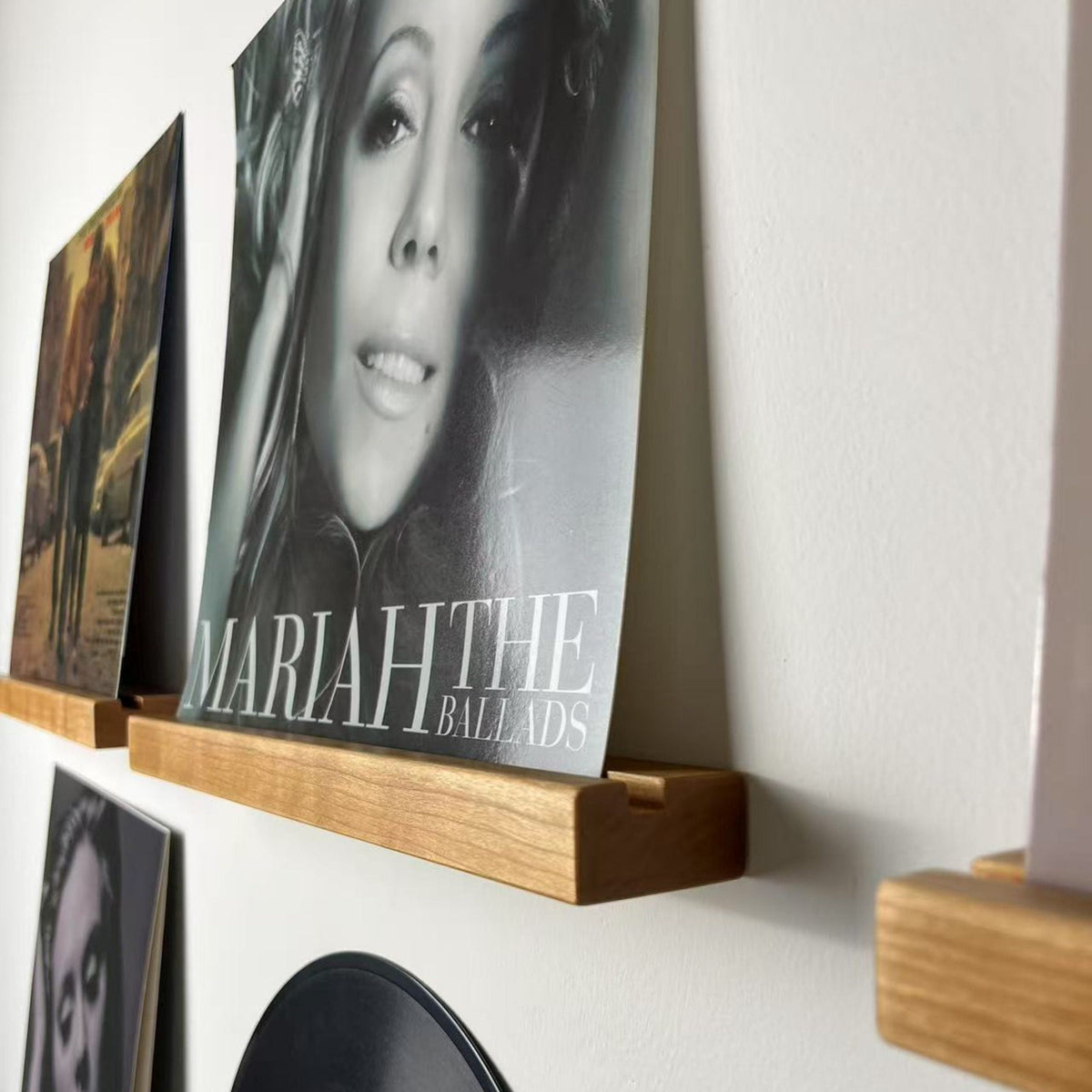 Minimalist wall mounted LP display rack for music collections