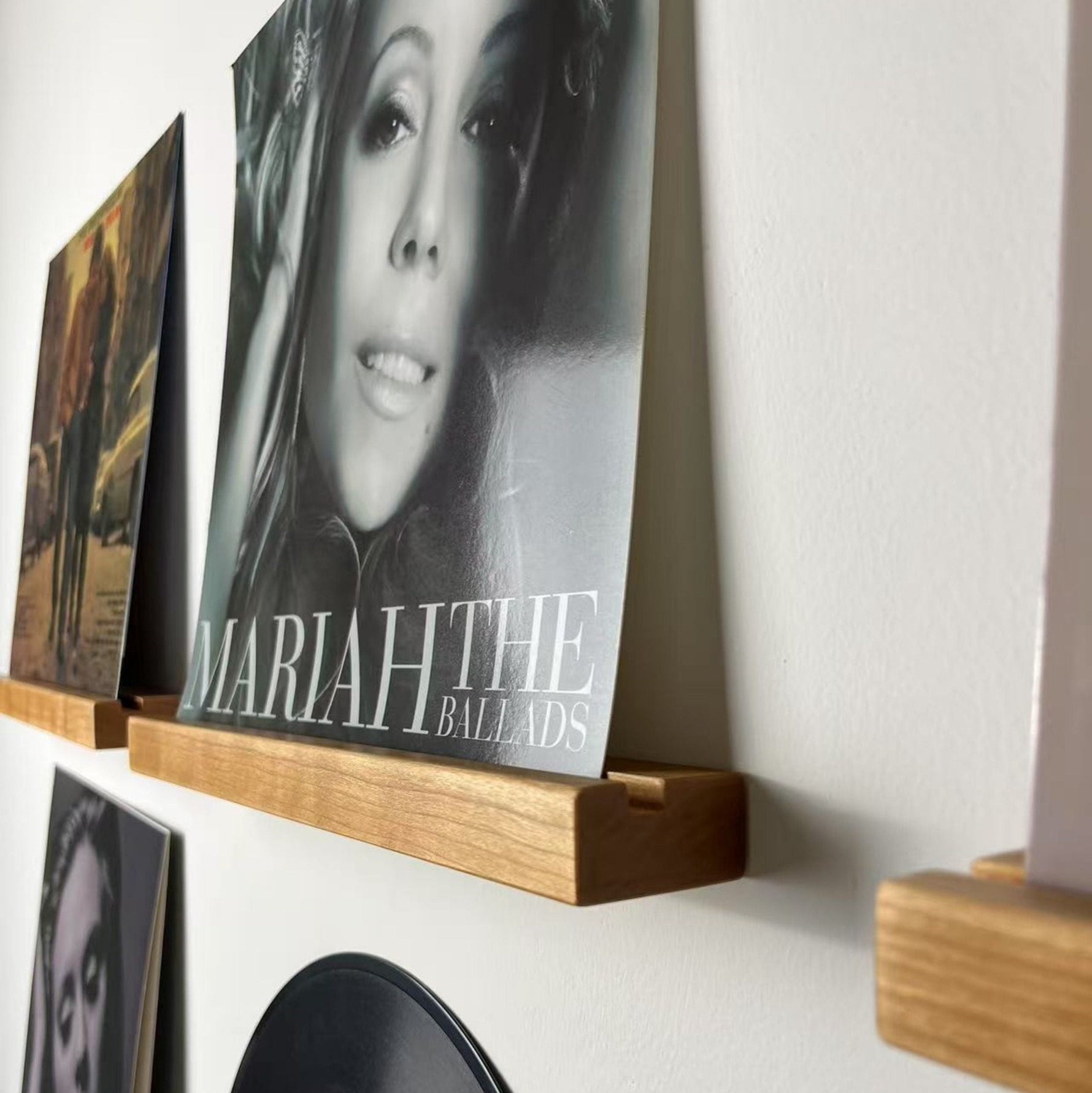 Minimalist wall mounted LP display rack for music collections