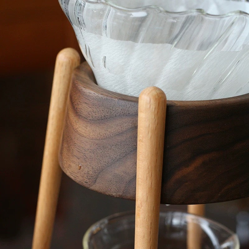Minimalist walnut coffee brewing setup for home bar