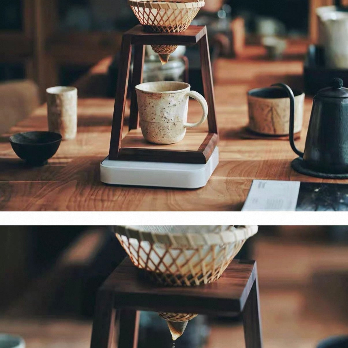 Minimalist walnut coffee brewing stand for home and kitchen
