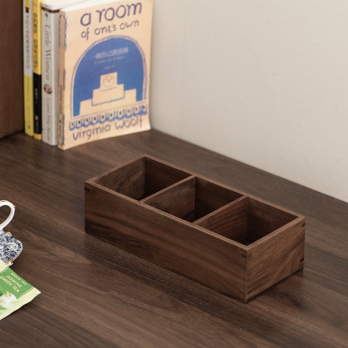 Minimalist walnut organizer box for kitchen countertop storage
