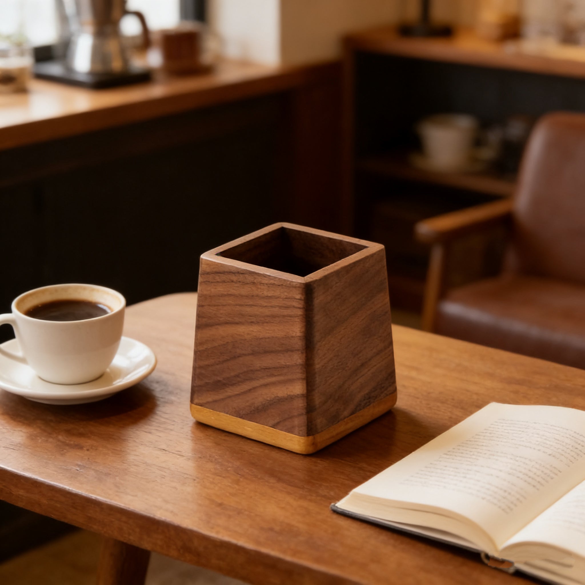 Minimalist walnut organizer for coffee sticks and accessories