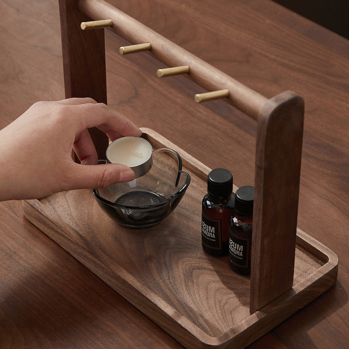 Minimalist walnut valet tray for keys and small accessories